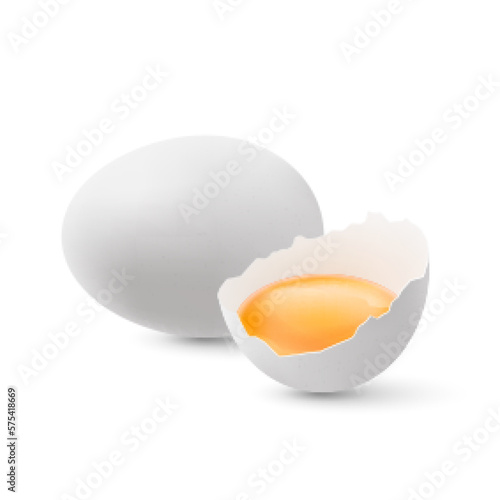 Fresh Organic Chicken Eggs on White Backdrop. Raw White Chicken Eggs with Yolk