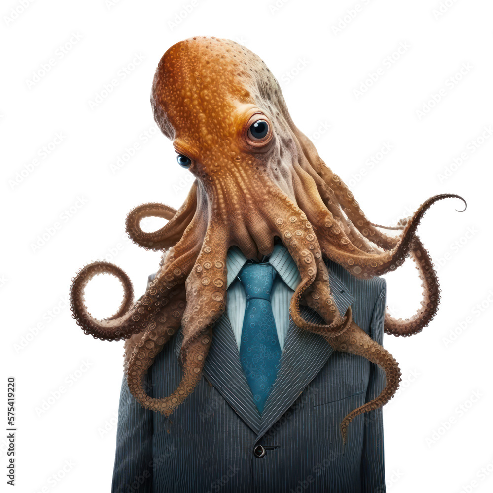 Portrait of a octopus dressed in a formal business suit on white ...