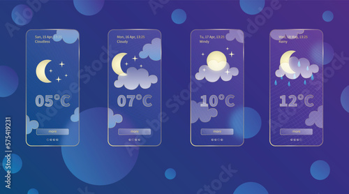 Set of 3d glassmorphism weather forecast app template Interface design kit. Night meteo icons on dark blue gradient background Season collections smartphone glass morphism screens Vector illustrations