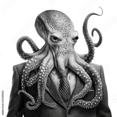 Portrait of a octopus dressed in a formal business suit on white background  transparent png  generative ai