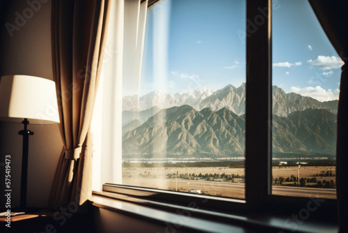 Hotel room with view of scenic alps mountains. AI generative