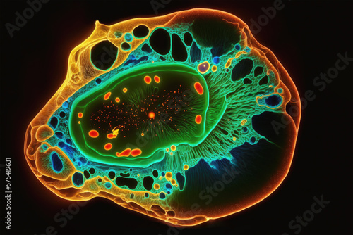 Microscopy view of amoeba microorganism with its cell structure. AI generative photo