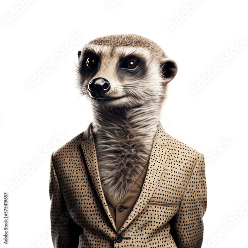 Photographie Portrait of a meerkat dressed in a formal business suit on white background, tra