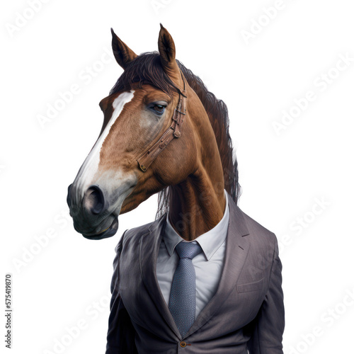 Portrait of a horse dressed in a formal business suit on white background, transparent png, generative ai