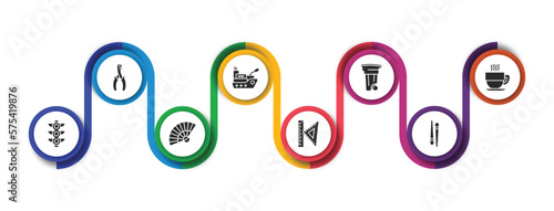 tools and utensils filled icons with infographic template. glyph icons such as wire cutter, navy, recycling can, hot cup of coffee, semaphore light, tessen fan, squad, chopsticks vector.