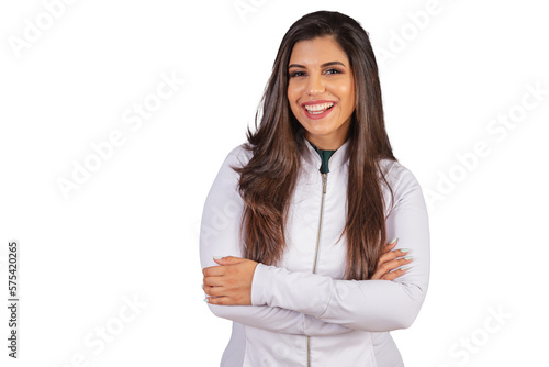 Horizontal photo. brazilian woman with medical coat, nutritionist. with arms crossed.