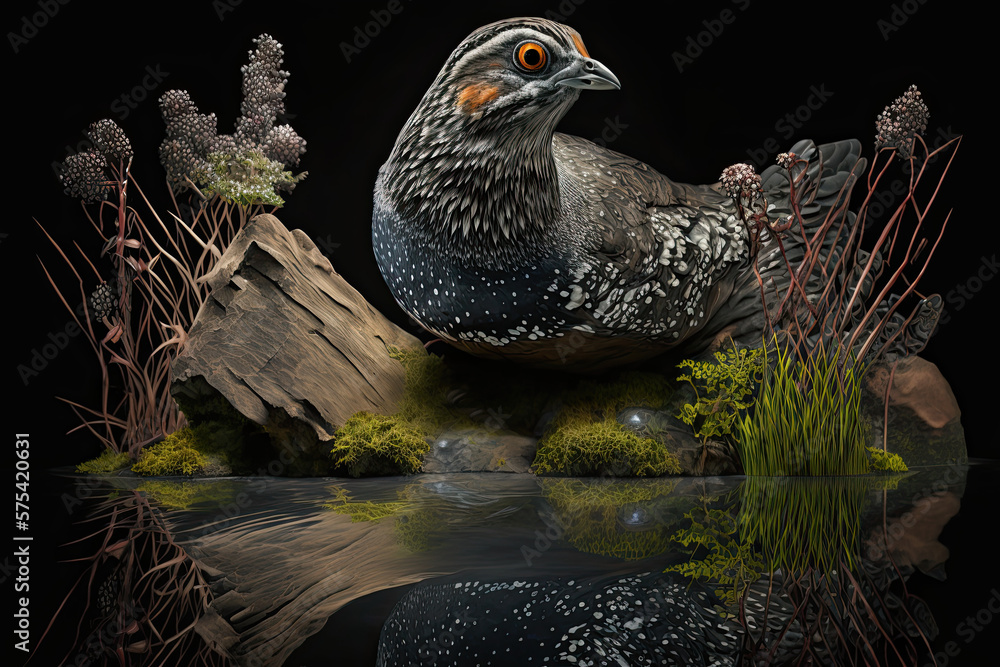 Obraz premium photo of a Hazel grouse in a pond springtime landscape, generative artificial intelligence 