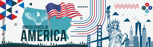 USA independence day banner 4th july with USA National Flag, USA National Eagle, statue of liberty, landmarks, USA Map Vector Illustration United States of America