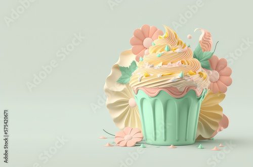 Creative cupcake with cream swirl decorated with flowers isolated on a pastel background. 3d render illustration. Generative AI art. Copy space, cartoon style. Summer dessert abstraction.