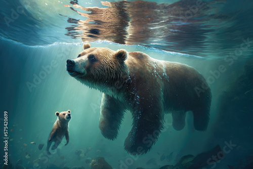 Brown Bear Mom, Cub Underwater Swim. Generative AI photo