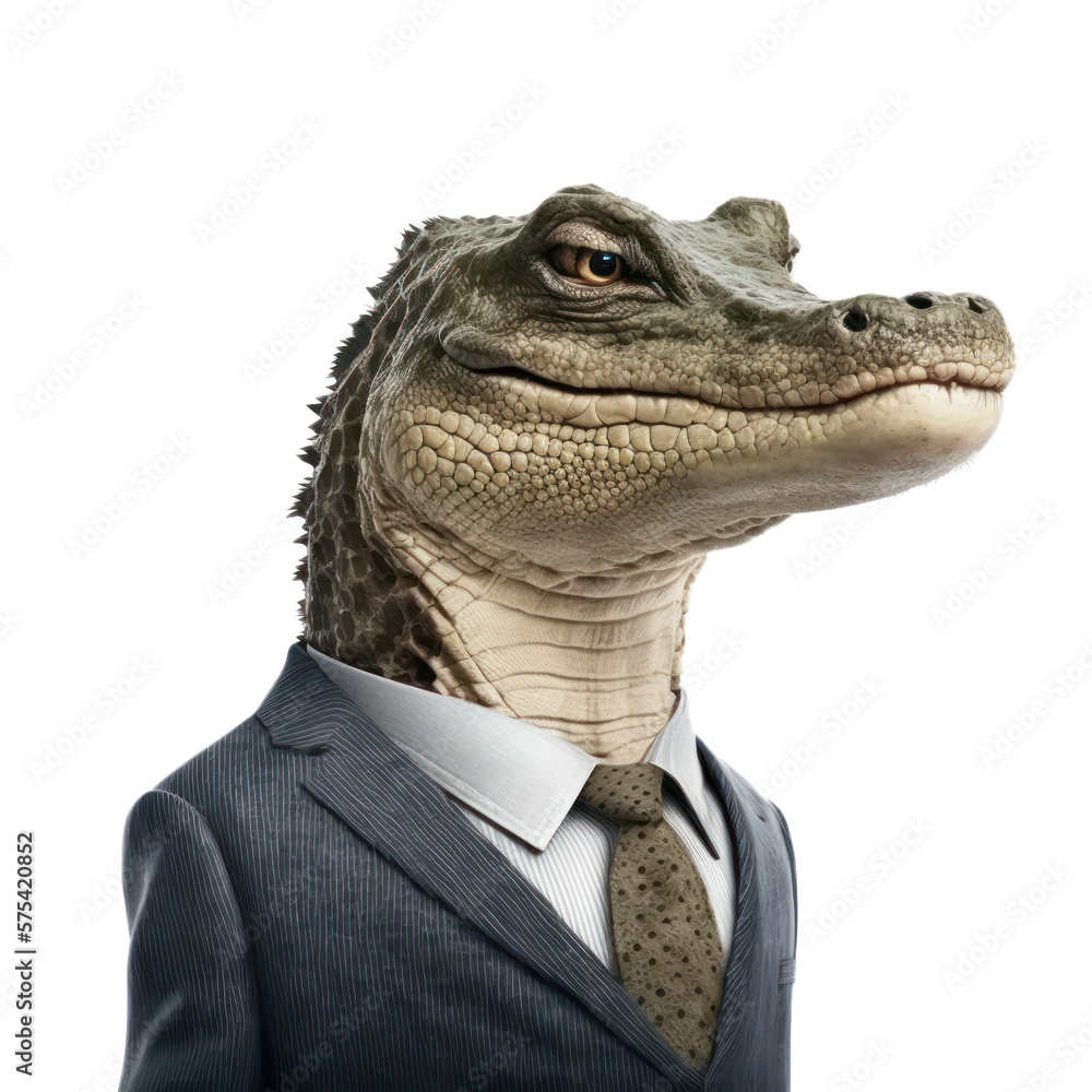 Portrait of a crocodile dressed in a formal business suit on white background, transparent png, generative ai Portrait of a crocodile dressed in a formal business suit on white background, transparent png, generative ai
