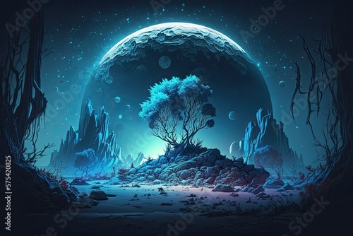 Amazing and Unusual The Environment of Allen Planet at Night Digital Computer Generated (CG) Artwork, Concept Illustration, and Realistic Cartoon Style for Video Games. Background. Generative AI