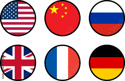 Set of Round Flag Collection of USA United States of America, People's Republic of China, Russia, United Kingdom UK Great Britain, France and Germany with Contour Outline. Vector Image. © Kagan Kaya