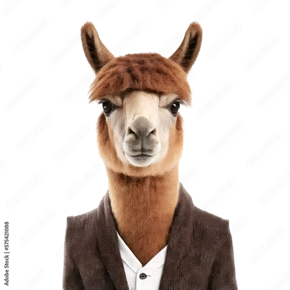 Fototapeta premium Portrait of an alpaca dressed in a formal business suit on white background, transparent png, generative ai