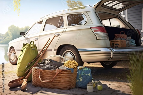 Car driveway with picnic basket, fishing rod, flippers and bags. Photo generative AI