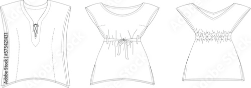 Woman dresses, shirts and tunics technical drawing, template, sketch, flat, mock up. Jersey or woven fabric dress front view, white color

