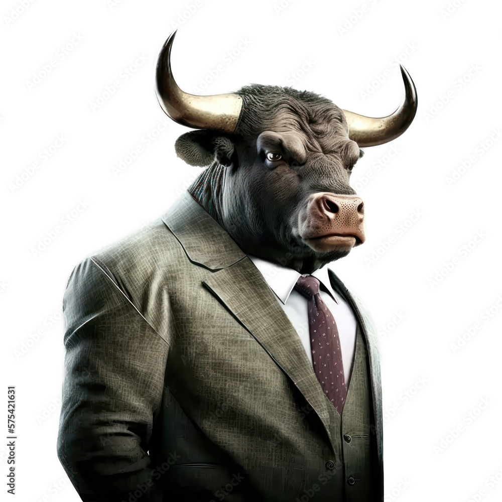 Portrait of a bull dressed in a formal business suit on white background, transparent png, generative ai Portrait of a bull dressed in a formal business suit on white background, transparent png, generative ai