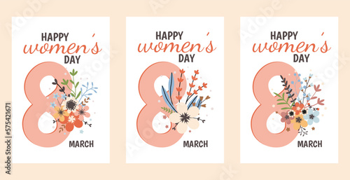 International Women's day greeting cards set. 8 March. Flowers and leaves. Cute simple vector illustration