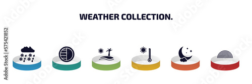 weather collection. infographic element with filled icons and 6 step or option. weather collection. icons such as drizzle, last quarter, subtropical climate, hot, night, rainbow vector.