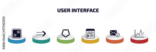 user interface infographic element with filled icons and 6 step or option. user interface icons such as expand tool, slim right, pentagonal chart, selective, postal, line dot chart vector.