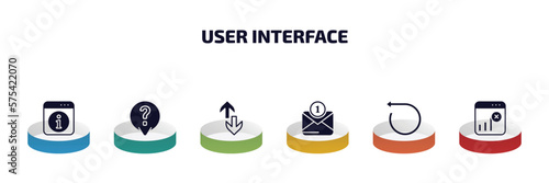 user interface infographic element with filled icons and 6 step or option. user interface icons such as information button, answer, up and down arrow, new message, rotate left, disconnect vector.