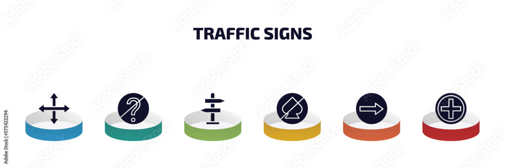 Obraz premium traffic signs infographic element with filled icons and 6 step or option. traffic signs icons such as crossroads, no doubt, road, no gambling, one way, hospital vector.