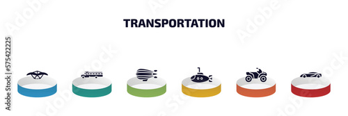 transportation infographic element with filled icons and 6 step or option. transportation icons such as hang glider, school bus, zeppelin, small submarine, all terrain vehicle, sports car vector.