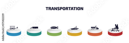 transportation infographic element with filled icons and 6 step or option. transportation icons such as wagon, eighteen-wheeler, dirigible, icebreaker ship, litter car, inline skates vector.