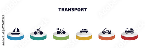transport infographic element with filled icons and 6 step or option. transport icons such as sailing boat with veils, bicycle side view, bicycle rental, long car, quad bike, loaded truck side view