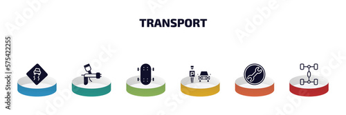 transport infographic element with filled icons and 6 step or option. transport icons such as slippy road, car painting, longboard, parking men, repair, chassis vector.