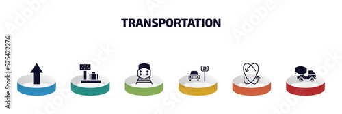 transportation infographic element with filled icons and 6 step or option. transportation icons such as shift, airport checking, diesel train, car parking, movement, cement truck vector.