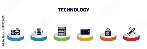 technology infographic element with filled icons and 6 step or option. technology icons such as photograph camera, dialysis, basic calculator, horizontal tablet, electric socket on fire, solar plane