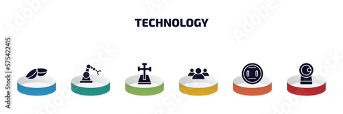 technology infographic element with filled icons and 6 step or option. technology icons such as contact lens, robotic hand, cross stuck in ground, customers, round socket, front webcam vector.