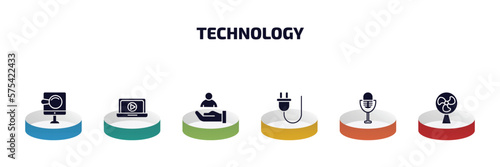 technology infographic element with filled icons and 6 step or option. technology icons such as digitate, open laptop, client, basic plug, radio microphone, ventilator vector.