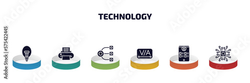 technology infographic element with filled icons and 6 step or option. technology icons such as electric light bulb, paper printer, structural elements, kerning, wireframe, elements vector.