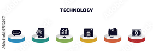 technology infographic element with filled icons and 6 step or option. technology icons such as battery status, native apps, growth hacking, caching, fax phone, vector.