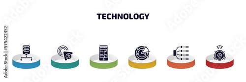 technology infographic element with filled icons and 6 step or option. technology icons such as data architecture, click through rate, touristic, radar sweep, type hierarchy, robot vacuum vector.