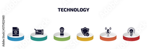 technology infographic element with filled icons and 6 step or option. technology icons such as cad, drawing tablet, light bulb turned off, safe shield protection, microphone voice, big light bulb