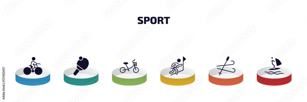 sport infographic element with filled icons and 6 step or option. sport icons such as man riding bike, table tennis, bicycle for children, winning the race, ski, windsurf vector. sport infographic element with filled icons and 6 step or option. sport icons such as man riding bike, table tennis, bicycle for children, winning the race, ski, windsurf vector.