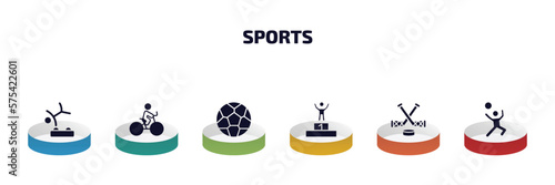 sports infographic element with filled icons and 6 step or option. sports icons such as gymnastics, bicycle rider, football, number one athlete, ice hockey, man playing volleyball vector.
