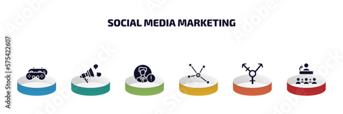 social media marketing infographic element with filled icons and 6 step or option. social media marketing icons such as recreational, announcement, user warning, social normal, transgender,