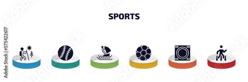 sports infographic element with filled icons and 6 step or option. sports icons such as adventure, baseball ball, windsurf sea, soccer ball, dohyo, pedestrian walking vector.
