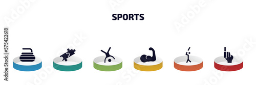 sports infographic element with filled icons and 6 step or option. sports icons such as curling, match, cartwheel, muscle, bats man, starting gun vector.