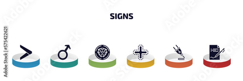 signs infographic element with filled icons and 6 step or option. signs icons such as is greater than, male, radioactive, addition, plug, vector.