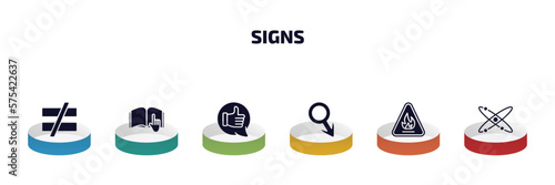 signs infographic element with filled icons and 6 step or option. signs icons such as is not equal to, instruction, positive, male gender, fire hazard, atom vector.