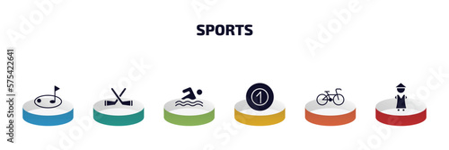 sports infographic element with filled icons and 6 step or option. sports icons such as golf, hockey, swimming, pool ball, racing bike, sesei vector.