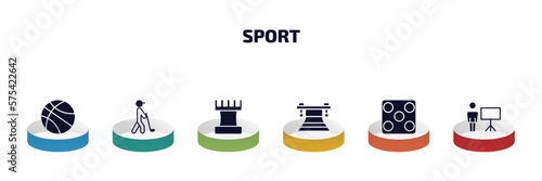 sport infographic element with filled icons and 6 step or option. sport icons such as basketball, golf player hitting, tower from a chess, work bench, game board, training vector.
