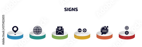 signs infographic element with filled icons and 6 step or option. signs icons such as placeholders, world grid, mail, mathematical, quotes, reason vector.