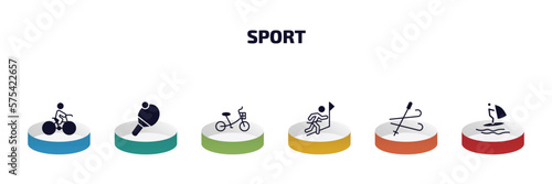 sport infographic element with filled icons and 6 step or option. sport icons such as man riding bike, table tennis, bicycle for children, winning the race, ski, windsurf vector.