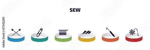 sew infographic element with filled icons and 6 step or option. sew icons such as knitting neddles, thread nippers, handloom, fabrics, crochet hook, crochet vector.